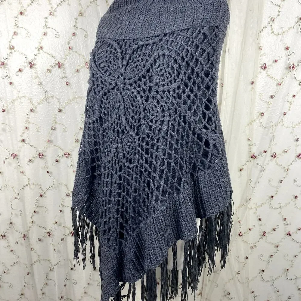 The Classic Gray Knit Tassel Fold Over Neckline Boho Hippie Earthy Poncho Shawl‎